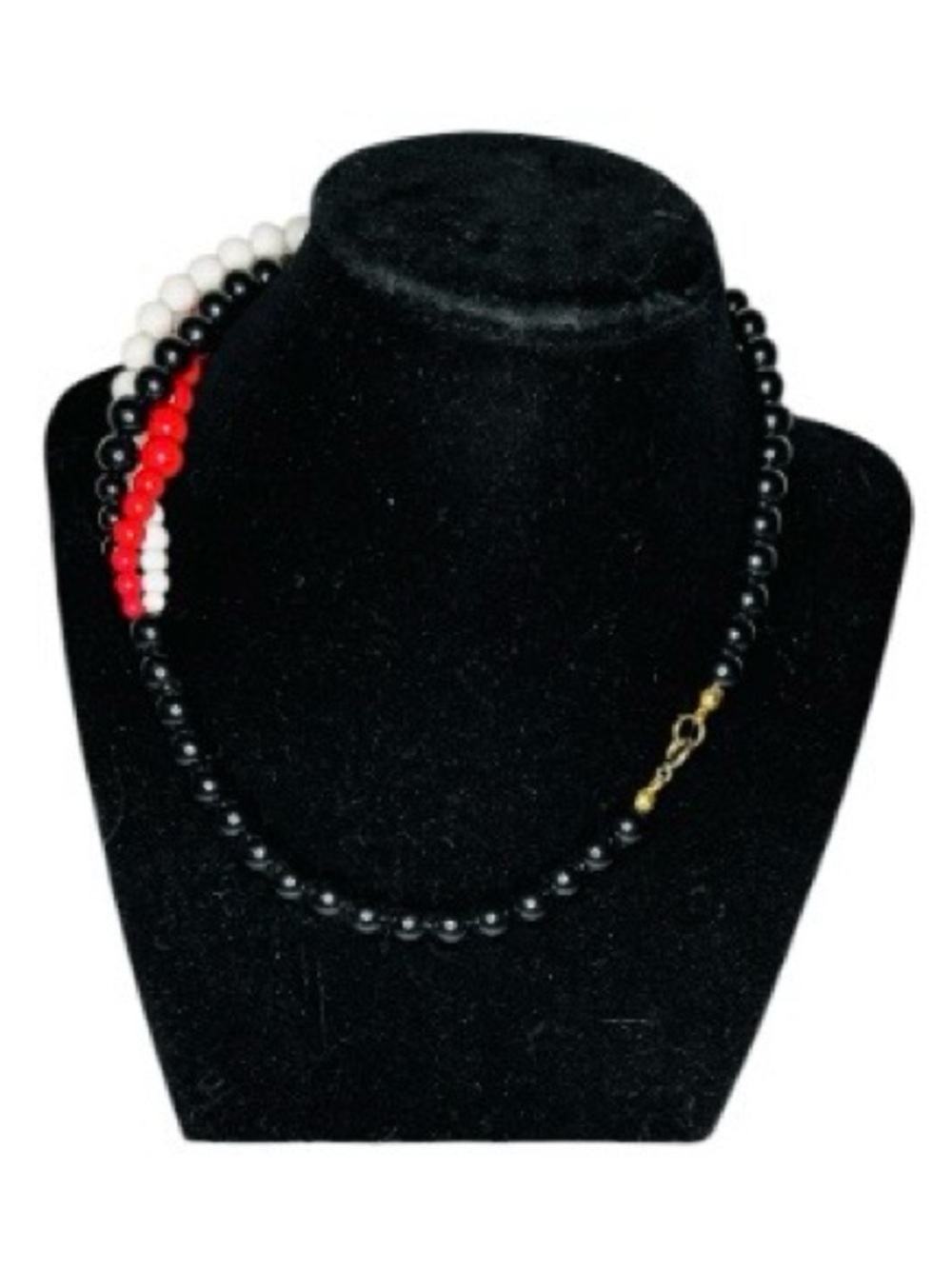 Triple-Strand Beaded Necklace in Red, White & Black - Picture 3 of 4